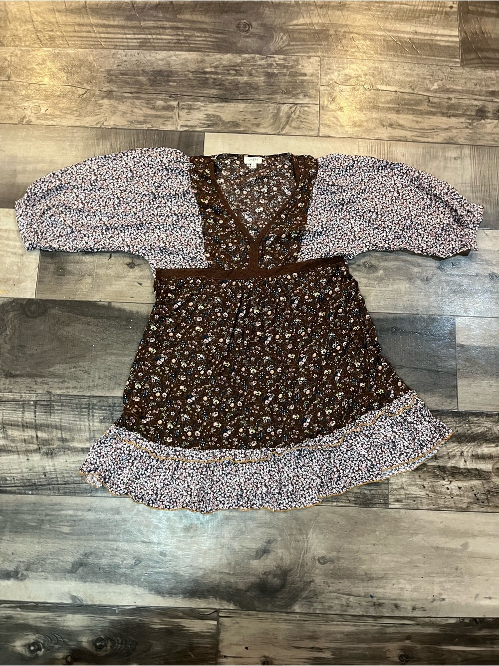 Umgee Women’s Large Brown Mixed Floral Boho Tunic Blouse V Neck Puff Sleeve